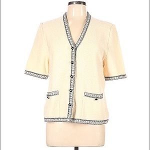 St John cream / off white and black short sleeve button up sweater, size 10